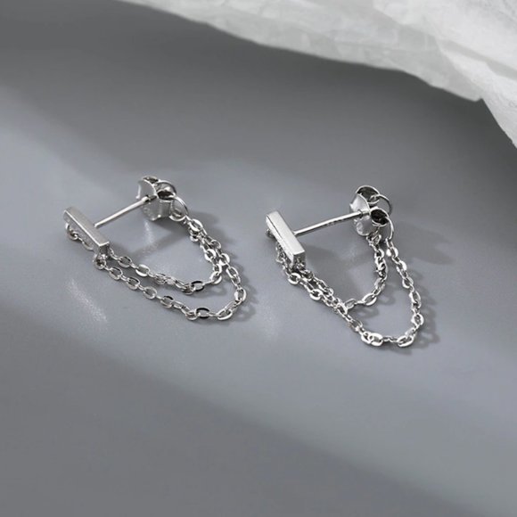Sterling Silver Double Tassel Drop Strand Minimalist Earrings - Picture 4 of 7